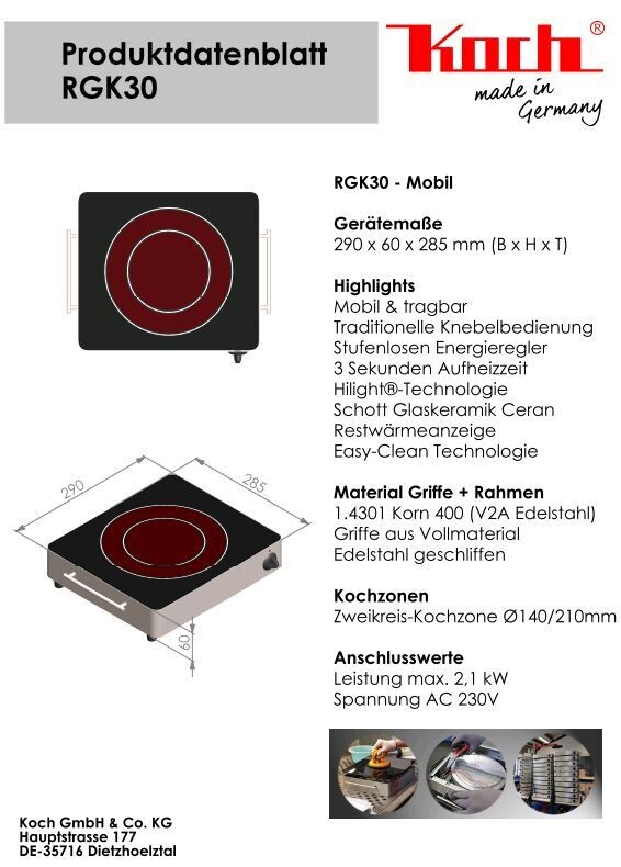 KOCH RGK 30 - 2. Wahl - Mobiles CERAN Kochfeld / 1 Platte 2-Kreis / 2100 Watt